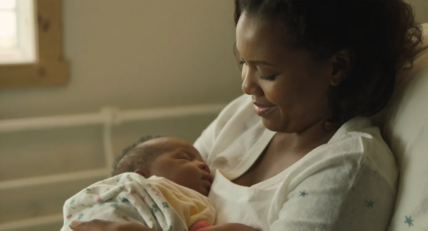 Mãe recém-parida em contato pele a pele com o recém-nascido, iniciando a amamentação na primeira hora de vida.