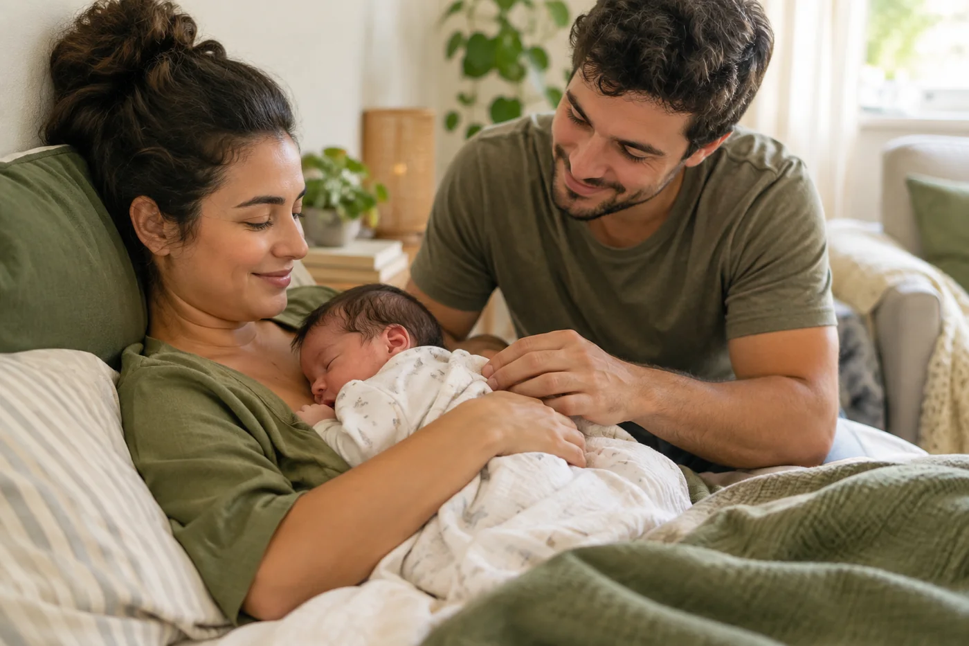 Mãe no pós-parto descansando enquanto a família ajuda nos cuidados do recém-nascido, em cena de apoio e acolhimento.