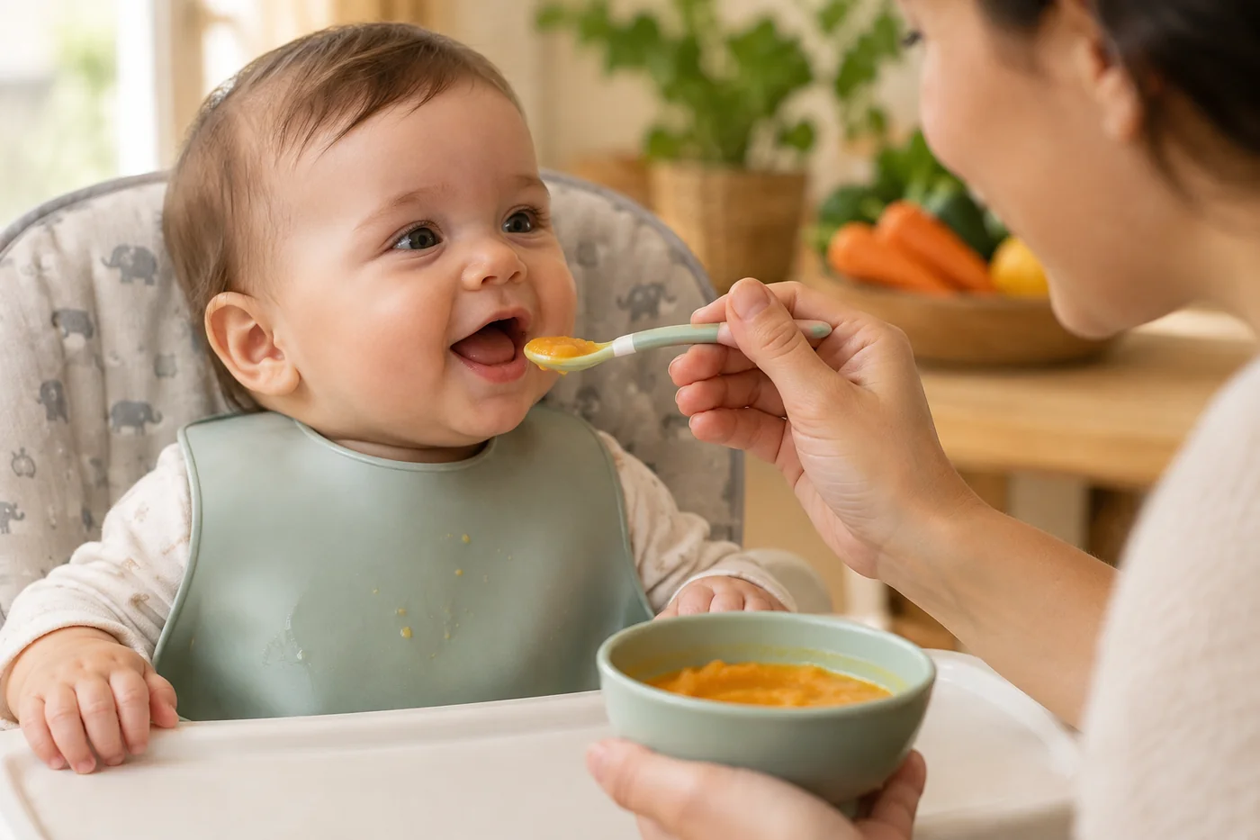 Bebê de cerca de seis meses iniciando a introdução alimentar com alimento amassado em colher, supervisionado por adulto.