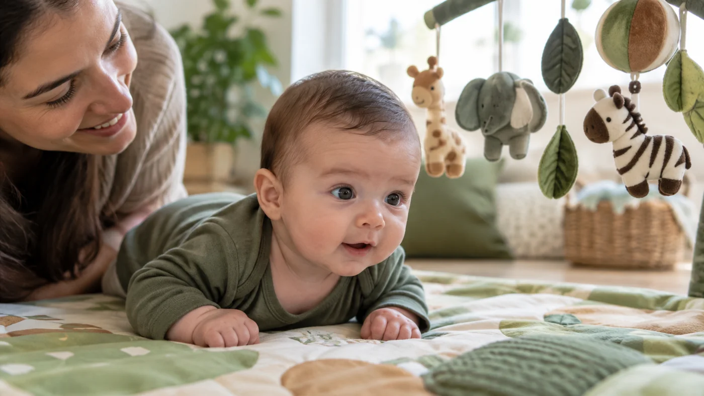 Bebê de poucos meses em tempo de bruços supervisionado em tapete de atividades, com adulto ao lado.