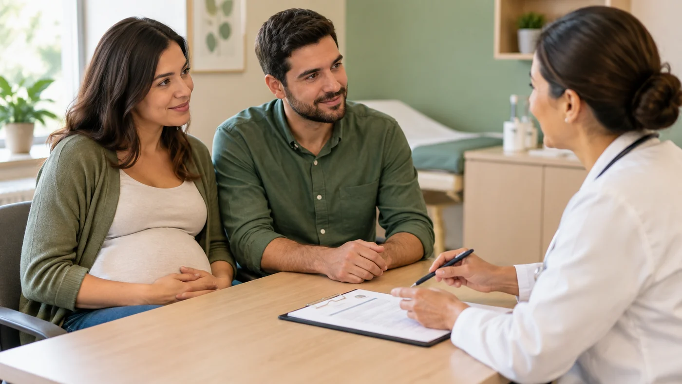 Casal gestante revisando o plano de parto com profissional de saúde em consultório acolhedor.