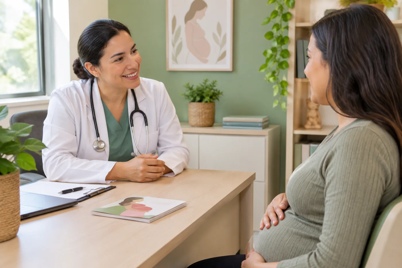 Gestante em consulta de pré-natal com profissional de saúde adulta, com a Caderneta da Gestante sobre a mesa, em ambiente acolhedor.