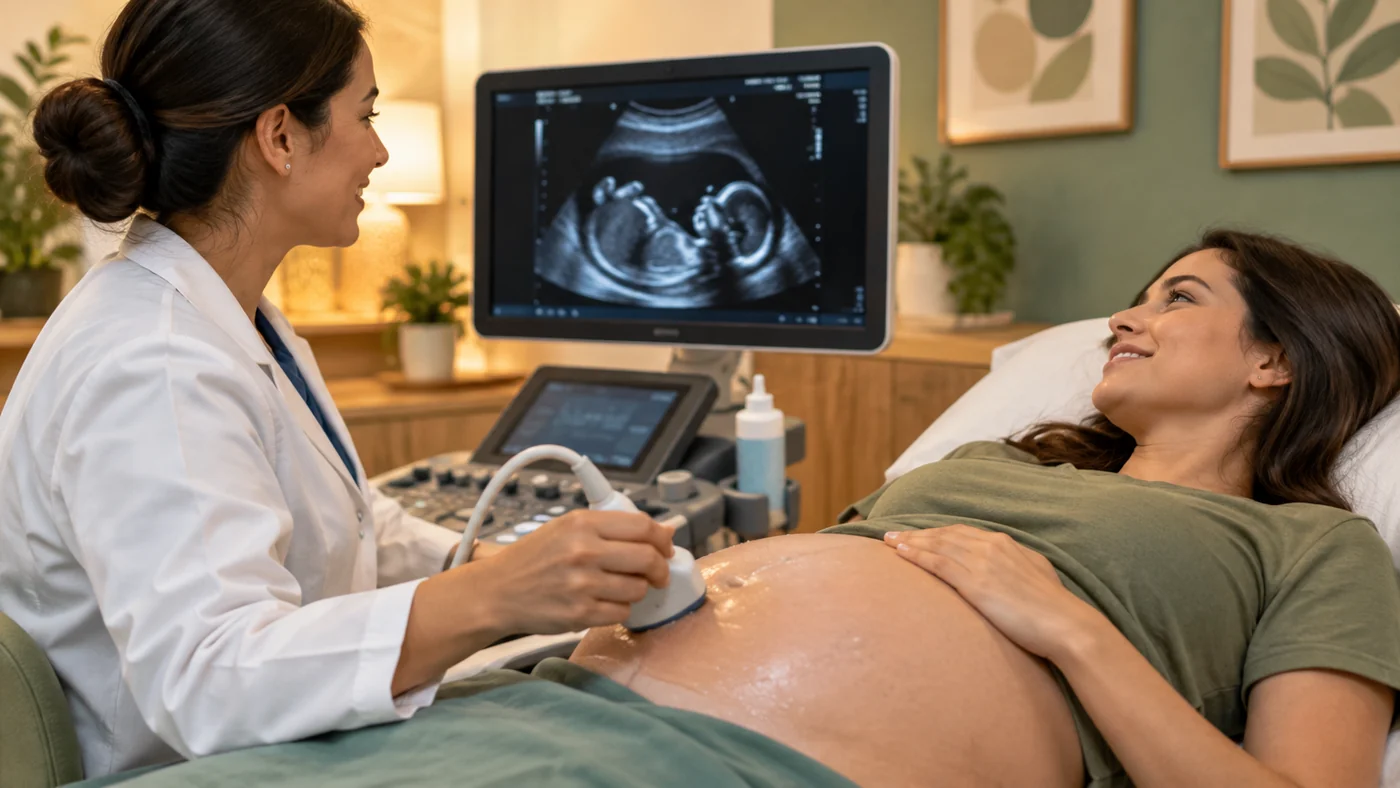 Gestante realizando ultrassonografia obstétrica com profissional de saúde, acompanhando a imagem do bebê no monitor.