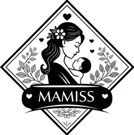Logotipo MAMISS: silhueta de mãe e bebê em abraço protetor, dentro de um diamante com ramos de folhas